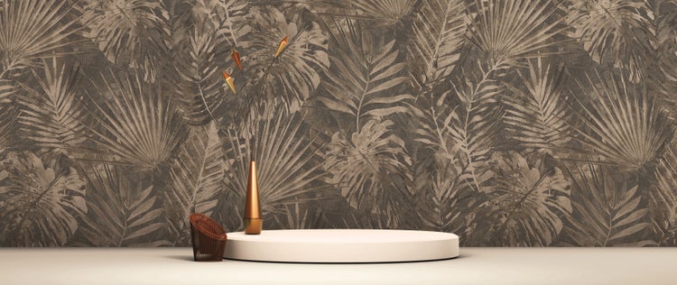 Raumgestaltung mit Palmenmuster-Tapete, Möbeln und D'eco Logo