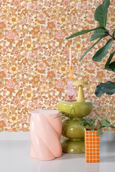 ESTAhome Tapete Retro Blumen Orange und Rosa - 50 x 900 cm - 131532