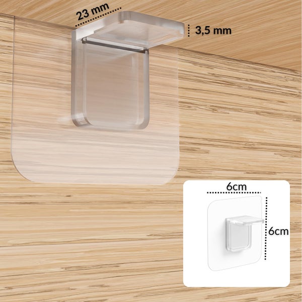 Transparente Klebehalterung für Regalböden mit Maßen 23 Millimeter, 3,5 Millimeter und 6 mal 6 Zentimeter Klebefläche auf Holzoberfläche.