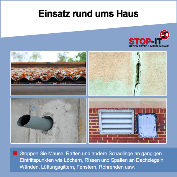 Collage zeigt Einsatzgebiete gegen Mäuse und Ratten an Dachziegeln, Wandrissen, Rohrdurchführungen und Lüftungsgittern rund um das Haus.