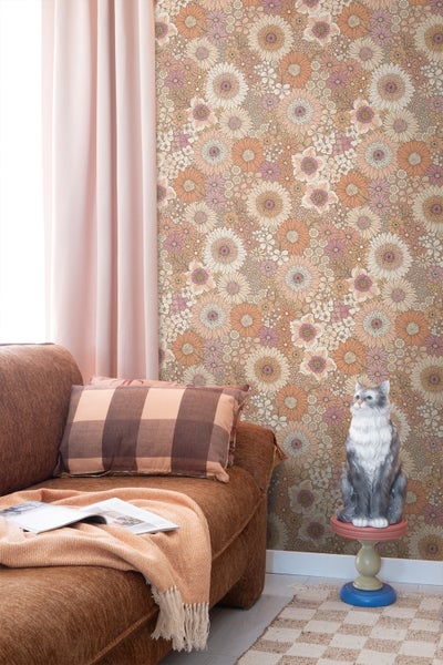 ESTAhome Tapete Retro Blumen Terrakotta, Lila und Weiß - 50 x 900 cm - 131314