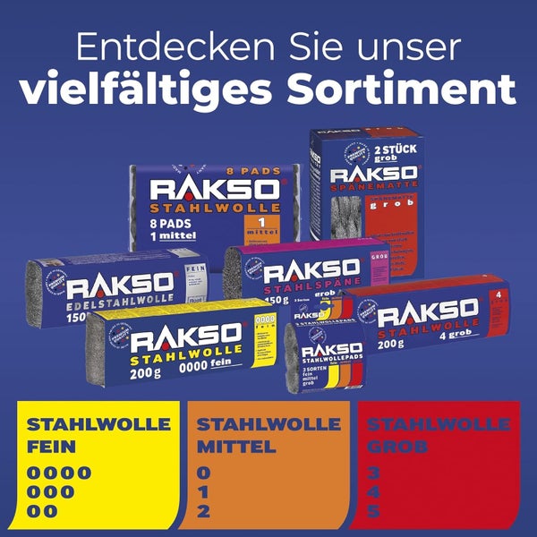 Rakso Sortiment mit Stahlwolle, Edelstahlwolle und Stahlspänen in verschiedenen Feinheiten für die Oberflächenbearbeitung. Hergestellt in Deutschland.