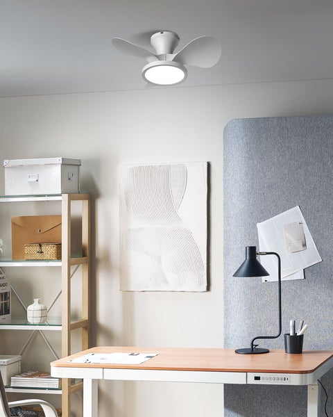 Büro mit Deckenventilator mit Beleuchtung, Schreibtisch und Regal