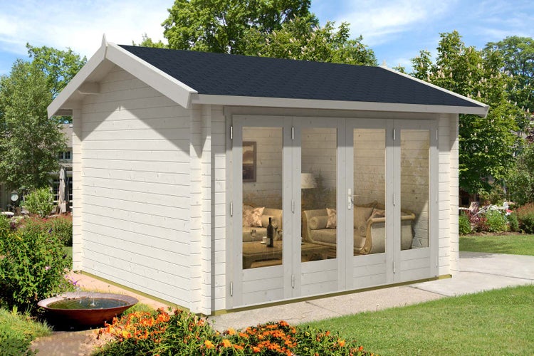 Alpholz Gartenhaus Tessa-44 ISO mit großer Falttür Gartenhaus aus Holz, Holzhaus mit 44 mm Wandstärke, Blockbohlenhaus mit Montagematerial, Naturbelassen 4,2x3,2m