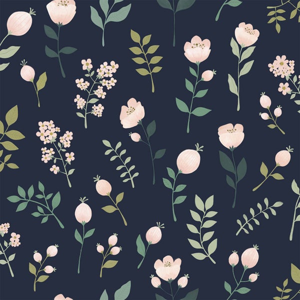 ESTAhome Tapete Blumen Dunkelblau, Rosa und Grün - 53 cm x 10.05 m - 139341