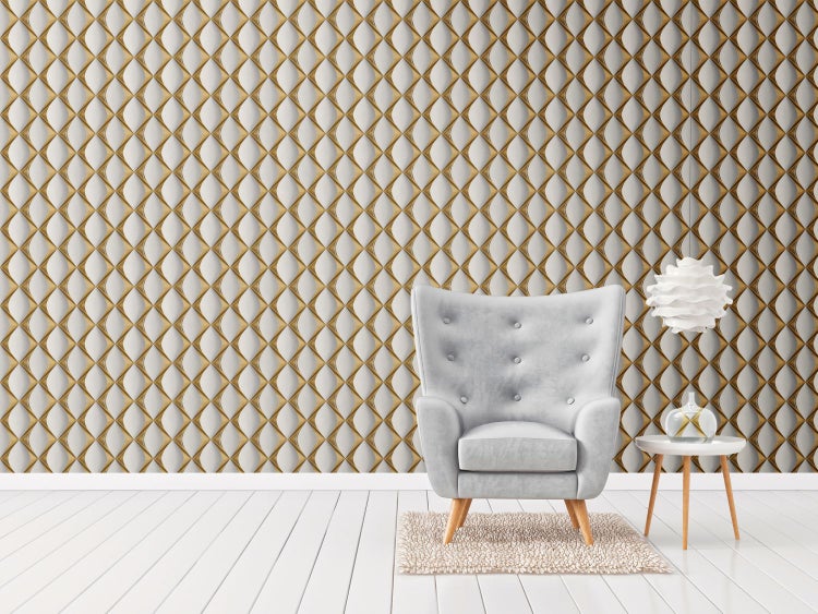 Wohnzimmer mit Sofa, Sessel, Pflanzen und Wandpaneelen im geometrischen Design