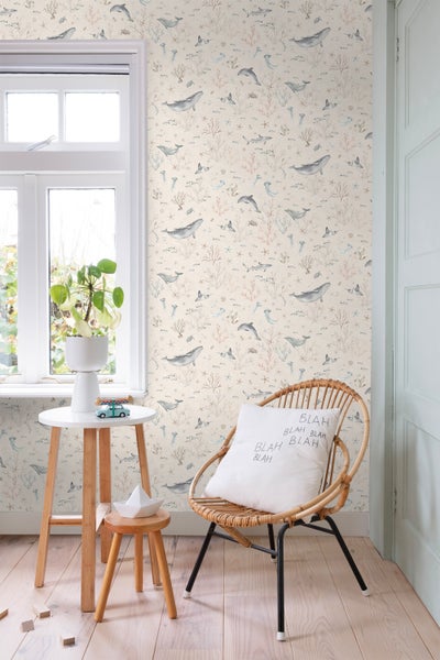 ESTAhome Tapete Unterwasserwelt Hellbeige und Graublau - 50 x 900 cm - 131260