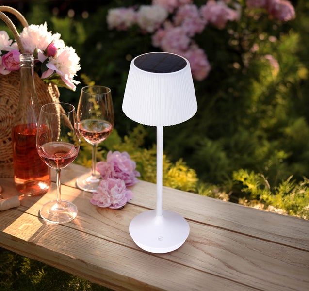 LED Leuchte EMMI für Außen und Innen, Tischlampe aus Metall und Kunststoff, mit fest verbauten LEDs, LED Tischlampe für Balkon, Terrasse, Garten, Wohnzimmer, Wintergarten, ca. 38 cm hoch