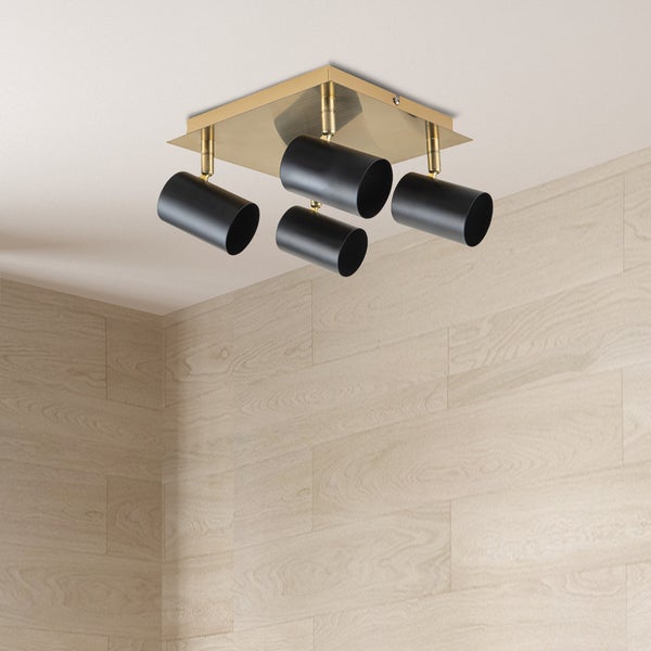 Technische Zeichnung einer Deckenleuchte mit vier Strahlern und Maßangaben.