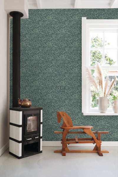 ESTAhome Tapete Blumenmuster Dunkelblau und Graugrün - 53 cm x 10.05 m - 139429