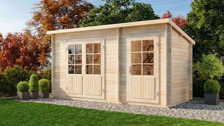 Alpholz Pultdach Gartenhaus Martina-28 mit Anbau Gartenhaus aus Holz in natur, Holzhaus mit 28 mm Wandstärke, Blockbohlenhaus mit Montagematerial imprägniert