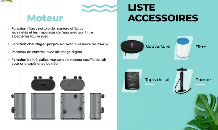 Whirlpool-Motoreinheit mit Heizfunktion bis zu 42 Grad, digitalem Bedienfeld und Zubehör wie Abdeckung, Filter, Bodenmatte und Luftpumpe.