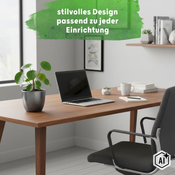 Moderner Arbeitsplatz mit Holzschreibtisch, Laptop und Bürostuhl. Text: stilvolles Design passend zu jeder Einrichtung.
