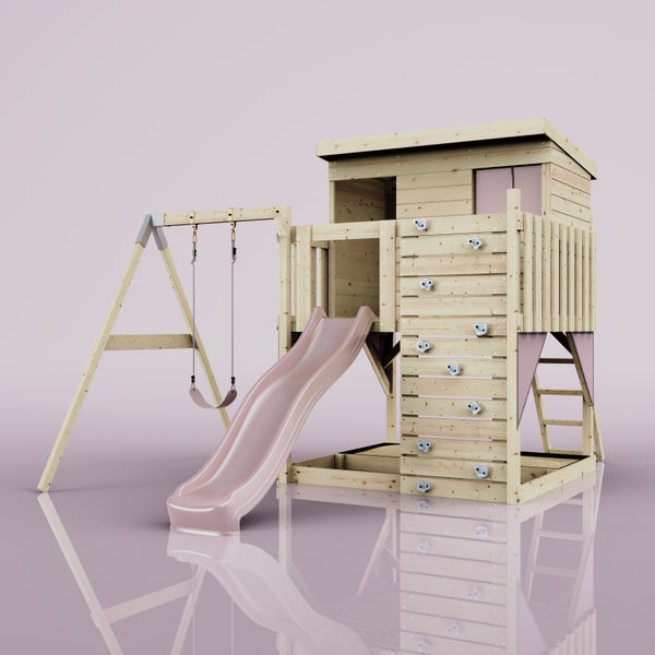 PolarPlay Spielturm Tjorven aus Holz in Rosa Kinderschaukel