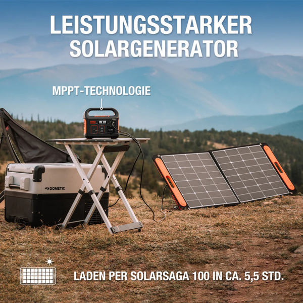 Leistungsstarker Solargenerator mit Solarmodul und Kühlbox