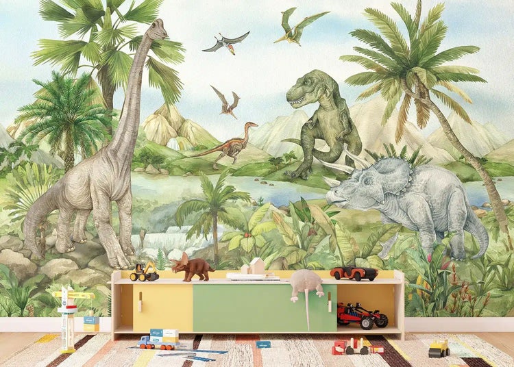 Fototapete mit prähistorischer Landschaft und Dinosauriern wie Brachiosaurus und Tyrannosaurus Rex in einem Kinderzimmer.