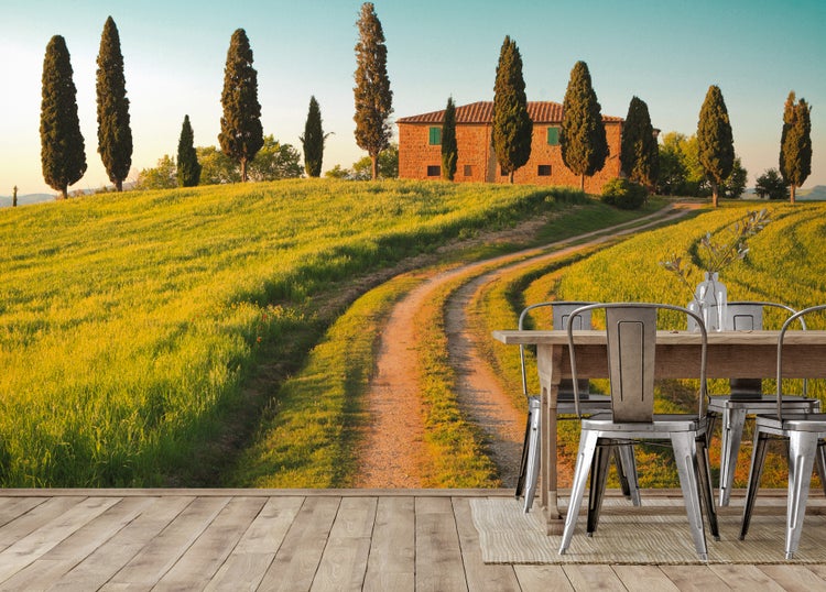 Fototapete mit toskanischer Landschaft, Zypressen und Landhaus für eine idyllische Raumgestaltung