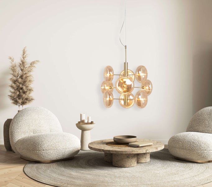 Pendelleuchte ORION   Ø ca. 53 cm, aus messingfarbenem Metall und Glas in amber, G9-Sockel, Beleuchtung für Wohnzimmer, Esszimmer oder Büro.