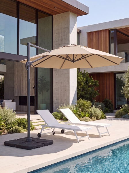 Moderner, heller Außenbereich mit einem beigen Ampelschirm, zwei weißen Sonnenliegen am Pool und zeitgenössischer Architektur aus Beton und Holz.