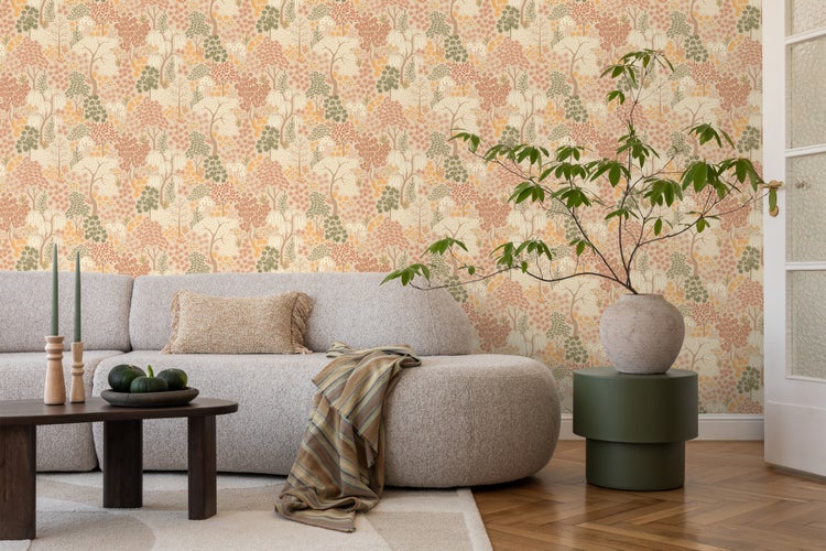 ESTAhome Tapete Bäumen und Blumen Beige, Terrakotta und Grün - 50 x 900 cm - 131186