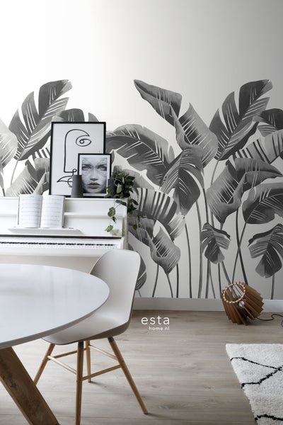 ESTAhome Fototapete große Bananenblätter Schwarz-Weiß - 200 x 279 cm - 158907