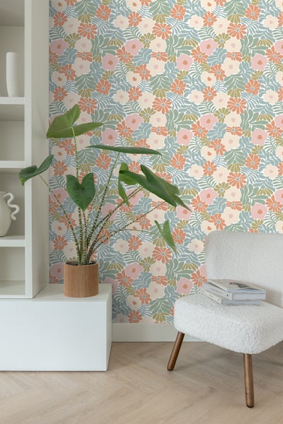 ESTAhome Tapete Blumen im Matisse-Stil Türkis, Orange, Olivgrün und Beige - 50 x 900 cm - 131004