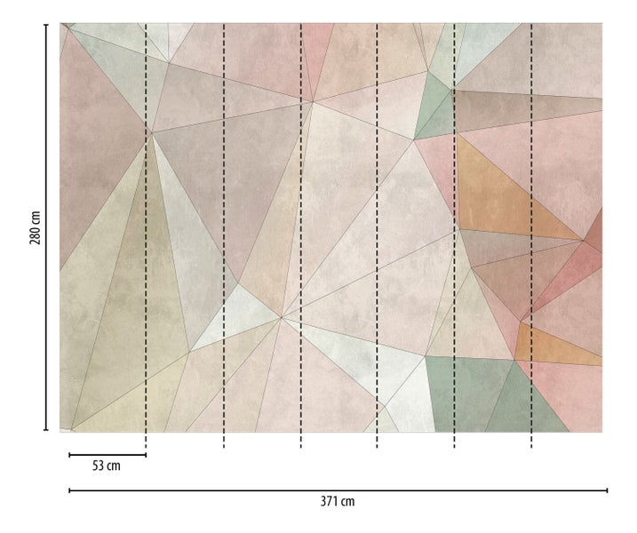 Fototapete mit geometrischem Dreiecksmuster und Maßangaben 371 cm mal 280 cm