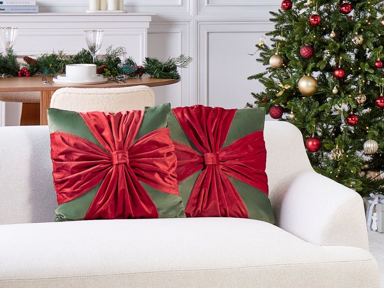 Dekokissen 2er Set MARSHMALLOW Samtstoff 45 x 45 cm Rot Grün Weihnachtsmotiv