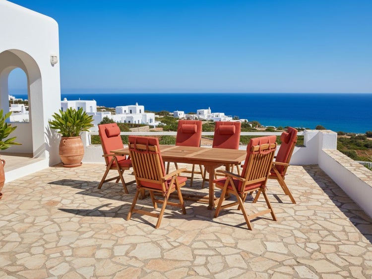 Gartensitzgruppe mit Ausziehtisch und sechs Stühlen mit Auflagen