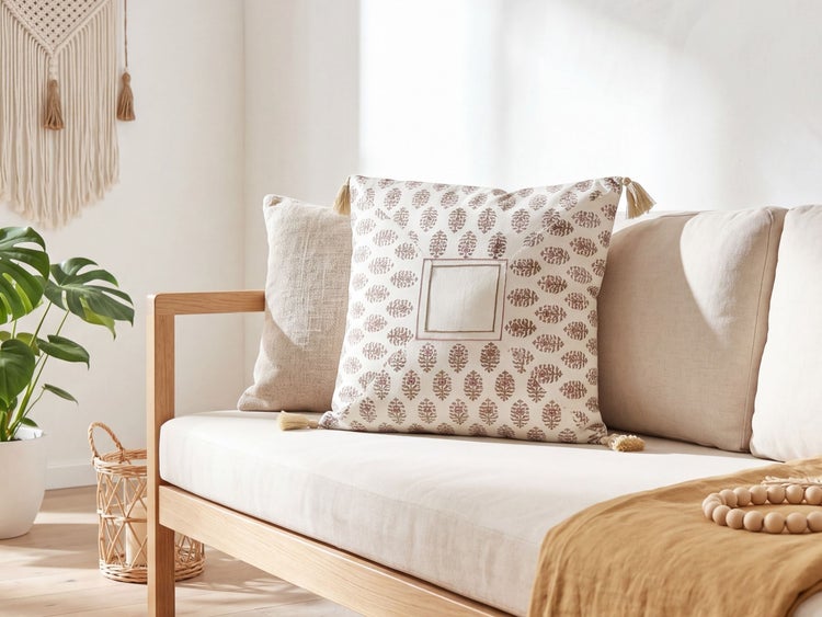 Quadratisches Dekokissen mit Blattmuster und Quasten auf einem Holzsofa in hellem Raum mit Monstera-Pflanze und Makramee-Wandbehang.