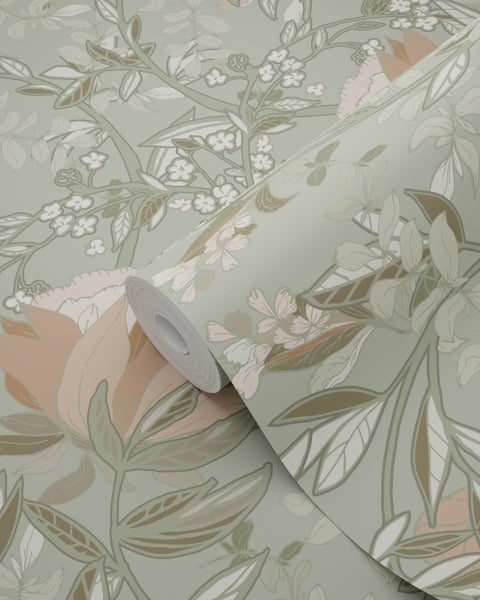 ESTAhome Tapete Blumenmuster im Jugendstil Graugrün und Altrosa - 53 cm x 10.05 m - 139419