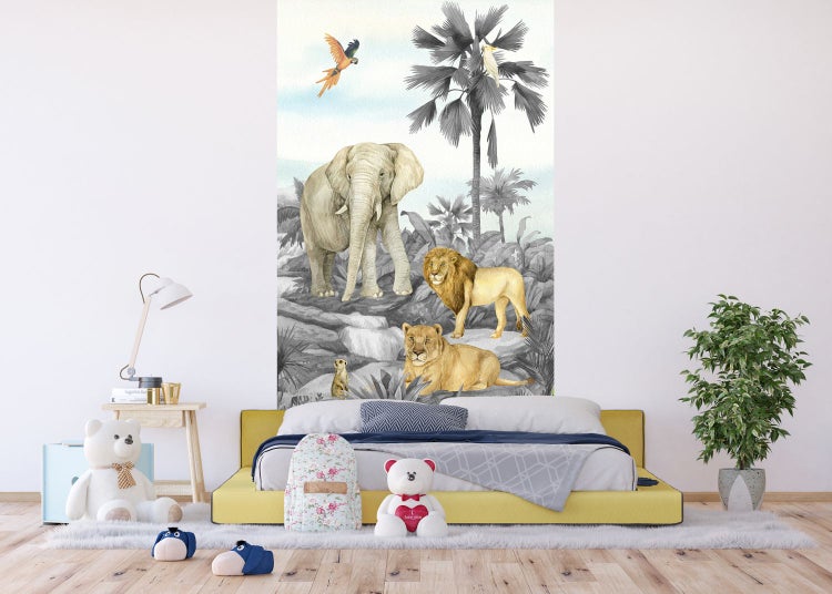 Kinderzimmer mit Tiermotiv-Tapete mit Elefant, Löwen und Dschungel