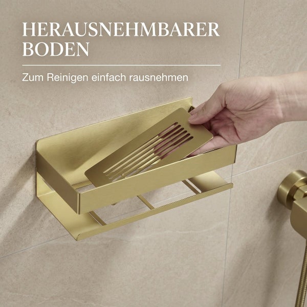 Duschablage mit herausnehmbarem Boden zur einfachen Reinigung, montiert an einer Fliesenwand.