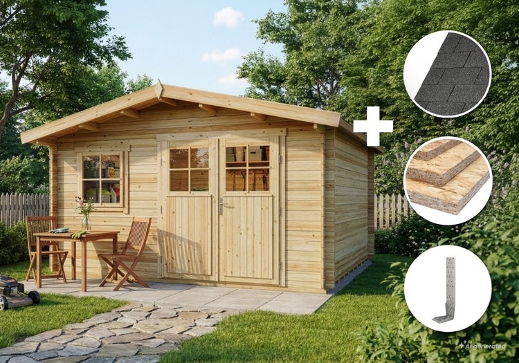 Holzgartenhaus mit Doppeltür, Fenster, Dachschindeln, OSB Platten und Winkeln im Garten.