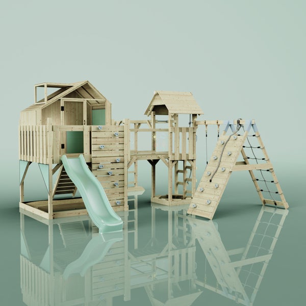 Spielplatz mit Kletterwand, Rutsche und Spielhaus aus Holz