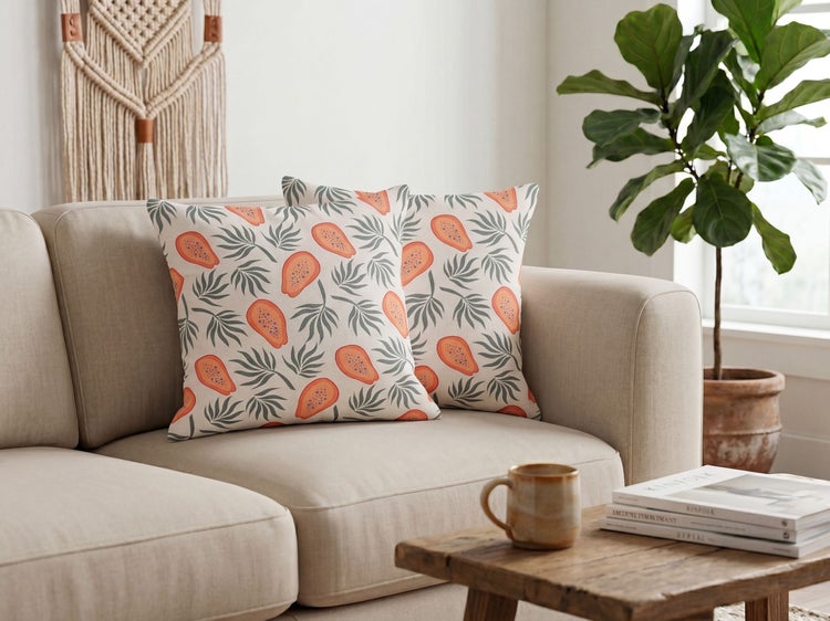 Zwei Zierkissen mit Papaya- und Blattmuster auf einem beigen Sofa in einem hellen Wohnzimmer mit Zimmerpflanze.