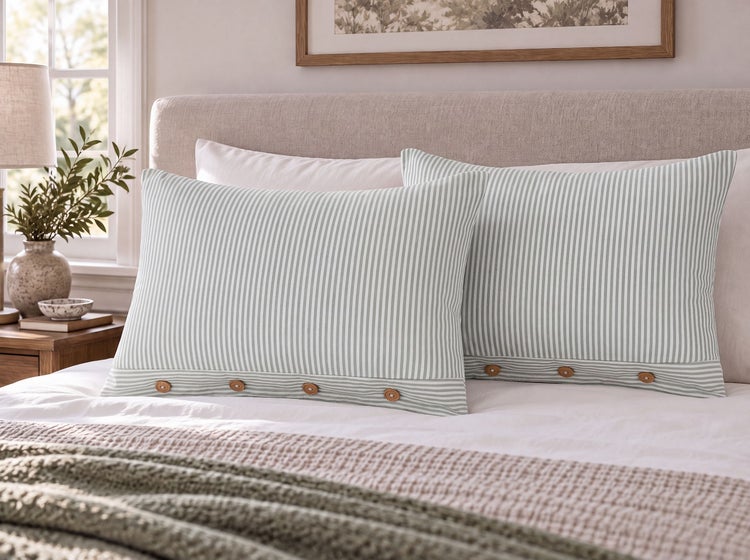 Zwei Kissenbezüge mit Streifenmuster und Knopfleiste auf einem bezogenen Bett in einem modern eingerichteten Schlafzimmer.