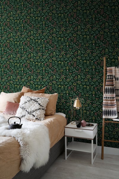ESTAhome Tapete Feldblumen Dunkelgrün und Rosa - 50 x 900 cm - 131099