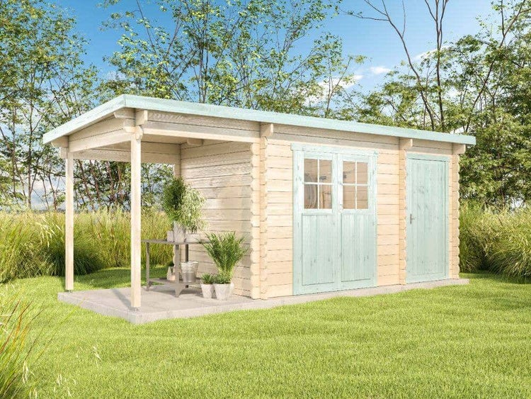 Alpholz Gartenhaus Korfu mit Anbau und Schleppdach Gartenhaus aus Holz in natur, Holzhaus mit 28 mm Wandstärke inklusive Schleppdach, Blockbohlenhaus mit Montagematerial imprägniert 5,6x2,3m