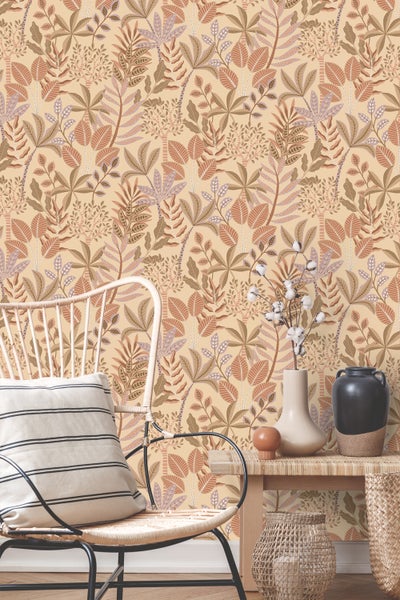 ESTAhome Tapete Blätter Beige, Terrakottarosa und Violett - 50 x 900 cm - 139679