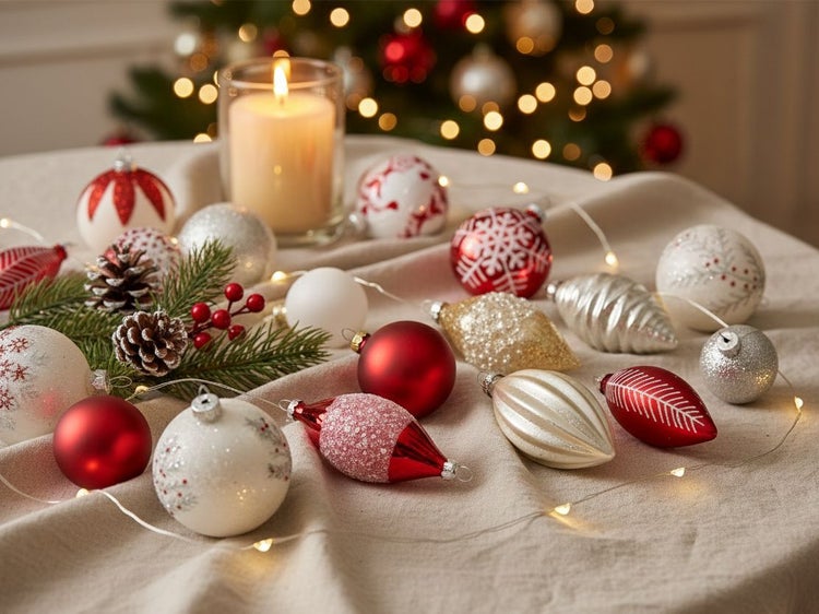 Set aus fünfzehn Weihnachtsbaum-Anhängern in verschiedenen Formen wie Kugeln und Zapfen mit Schneeflocken- und Rautenmustern.