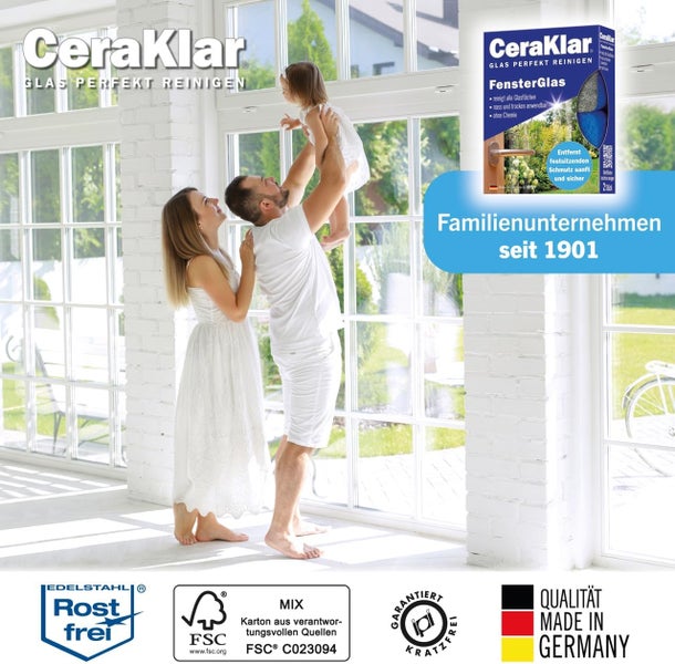 Familie in hellem Raum mit großen, sauberen Glasfenstern. CeraKlar Fensterglasreiniger mit Symbolen für Rostfrei, FSC, Kratzfrei und Made in Germany.