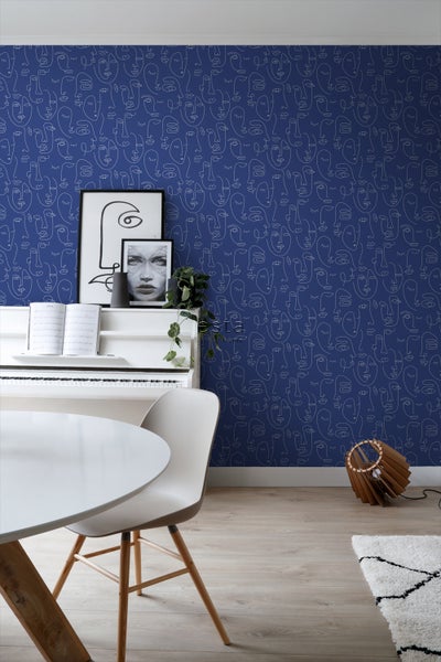 ESTAhome Tapete Line Art Gesichter Kobaltblau - 50 x 900 cm - 139434