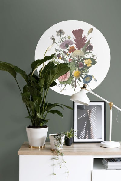 Dekorative Szene mit Zimmerpflanzen, Blumendruck, Tischleuchte und gerahmtem Bild auf einem Tisch