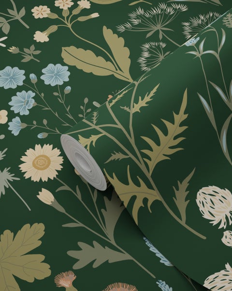 ESTAhome Tapete Feldblumen Dunkelgrün und Blau - 53 cm x 10.05 m - 139697