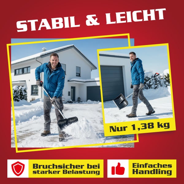 Mann schippt Schnee mit einer Schneeschaufel vor einem Haus. Die Schneeschaufel ist stabil und leicht.