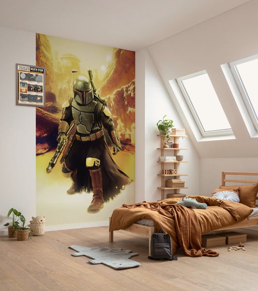 Kinderzimmer mit Star Wars Wandbild Boba Fett, Bett und Regal