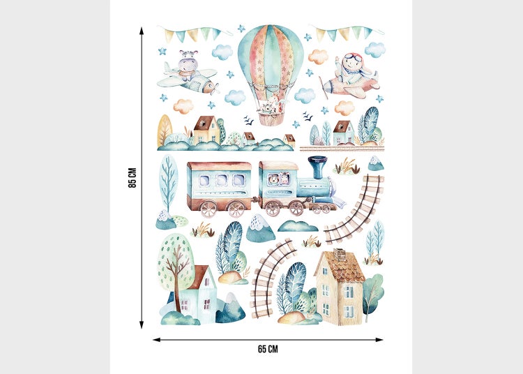 Wandtattoo Set für Kinderzimmer, Aquarell-Motive mit Heißluftballon, Zug, Flugzeug, Häuser und Bäume, Maße 85 mal 65 Zentimeter.