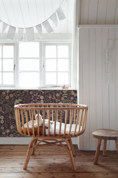 ESTAhome Tapete Blumen und Vögel Aubergineviolett, Olivgrün und Violett - 53 cm x 10.05 m - 139871