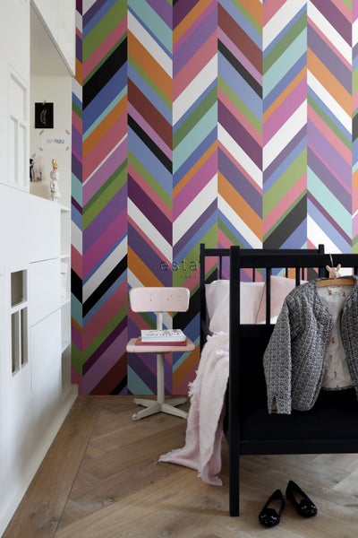 ESTAhome XXL-Vliestapete Zickzack-Motiv Grün, Rosa, Lila und Blau - 50 x 900 cm - 158912